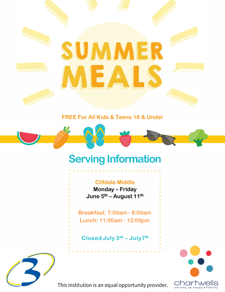 food available at clifdale middle monday through friday june 5- august 11 breakfast 7 am to 8 am lunch 11 am to noon. close july 3-7.