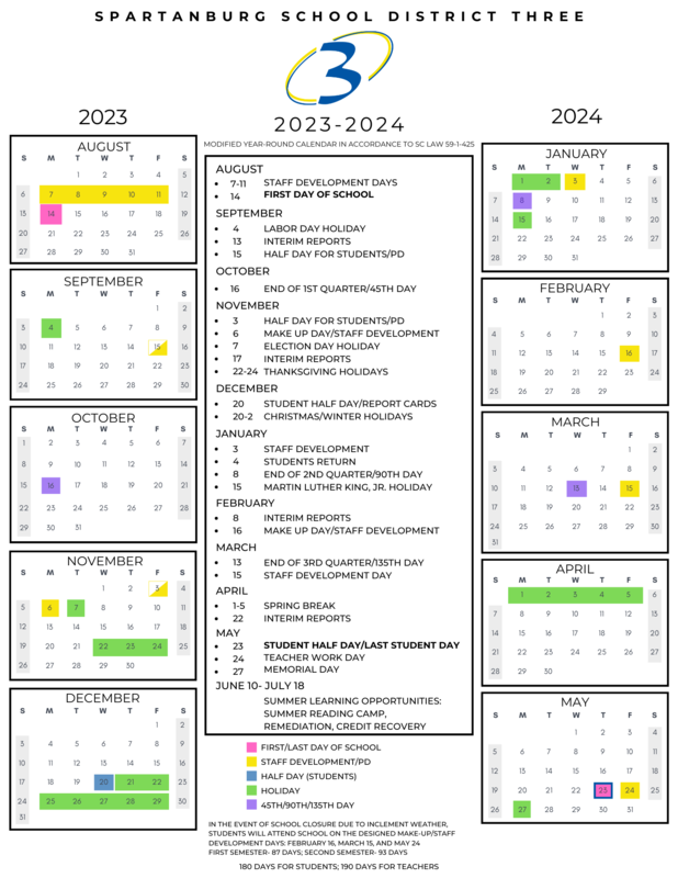 2023-2024 Calendar | Spartanburg School District Three